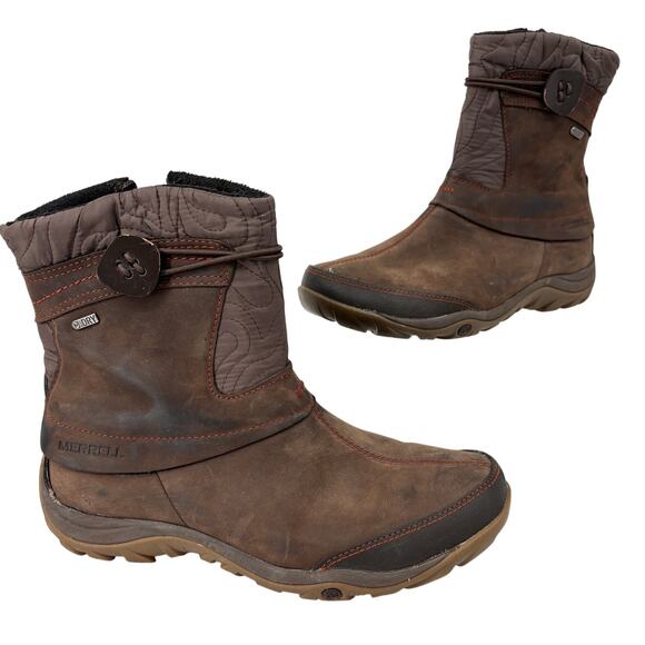 Merrell Dewbrook Boots Size 8 Brown Leather Insulated Waterproof Winter Side Zip - Picture 1 of 12
